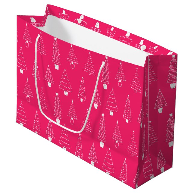 Hot Pink White Christmas Woodland Tree pattern Large Gift Bag (Front Angled)