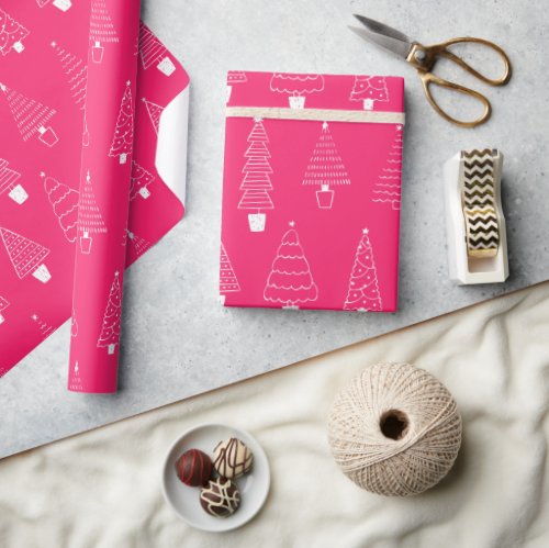 Hot Pink White Christmas Woodland Tree pattern Wrapping Paper
