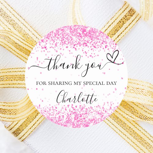 Hot pink white confetti thank you classic round sticker