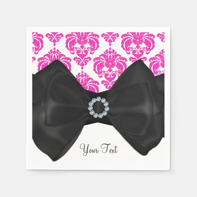 Hot Pink & White Damask Bling Bow Sweet 16 Party Napkins (Front)