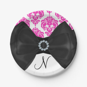 Hot Pink & White Damask Bling Bow Sweet 16 Party Paper Plates