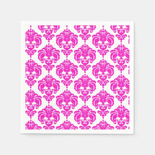 Hot Pink & White Damask Chic Elegant Party Napkins (Front)