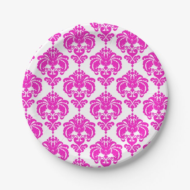 Hot Pink & White Damask Chic Elegant Party Paper Plates (Front)