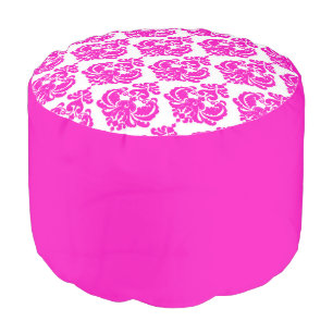 Hot Pink & White Damask Chic Elegant Pattern Pouf