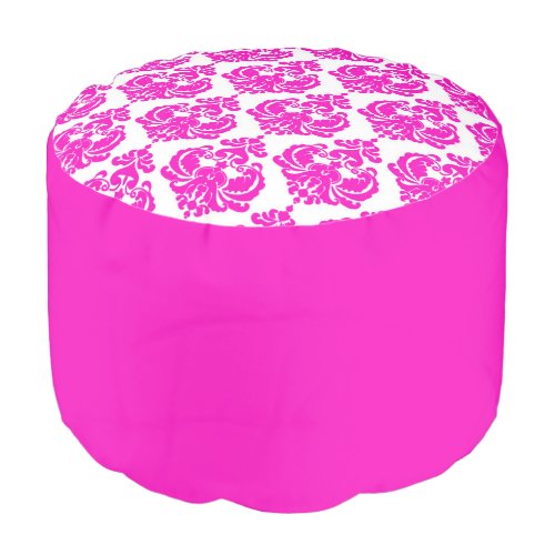 Hot Pink  White Damask Chic Elegant Pattern Pouf