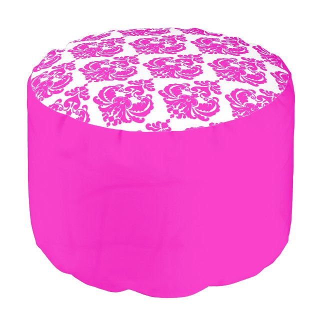 Hot Pink & White Damask Chic Elegant Pattern Pouf (Angled Front)