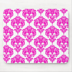 Hot Pink White Damask Chic Modern Elegant Pattern Mouse Pad