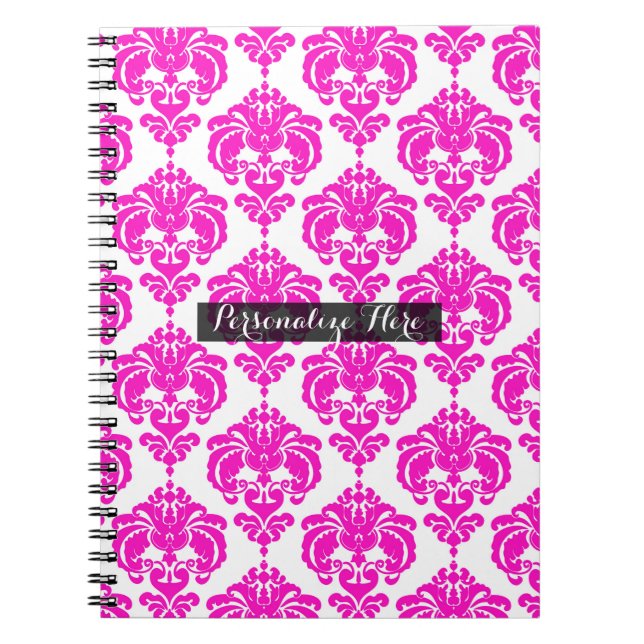 Hot Pink White Damask Chic Modern Elegant Pattern Notebook (Front)
