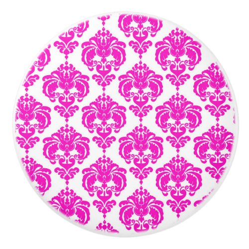 Hot Pink White Damask Elegant Chic Bedroom Dresser Ceramic Knob