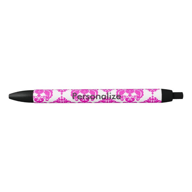 Hot Pink & White Damask Elegant Personalized Chic Pen (Front)