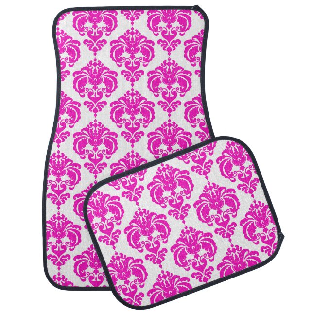 Hot Pink White Damask Modern Trendy Pattern Glam Car Mat (Set)