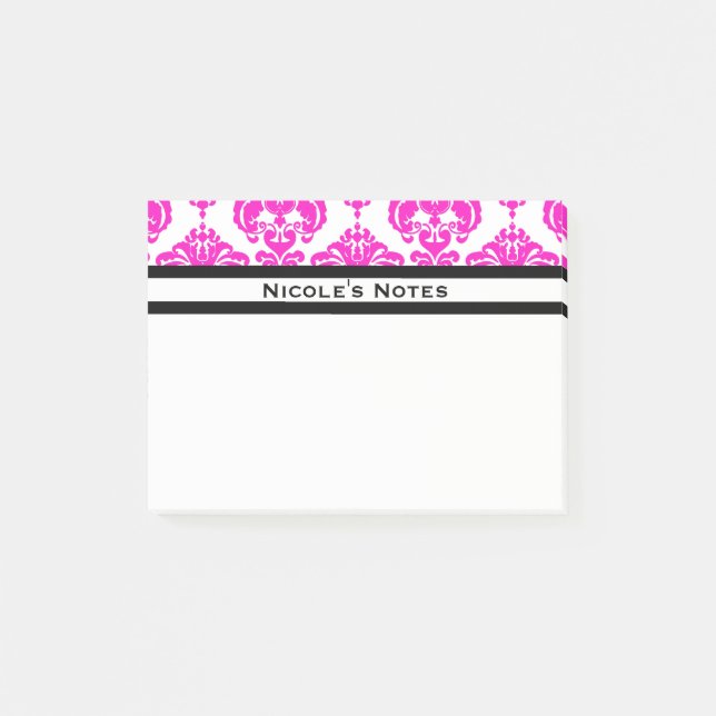 Hot Pink White Damask Pattern Modern Personalized Post-it Notes (Front)