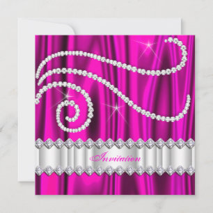 Hot Pink White Diamonds Silver Birthday Party Invitation
