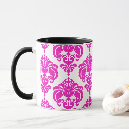 Hot Pink  White Elegant Chic Damask Pattern Mug