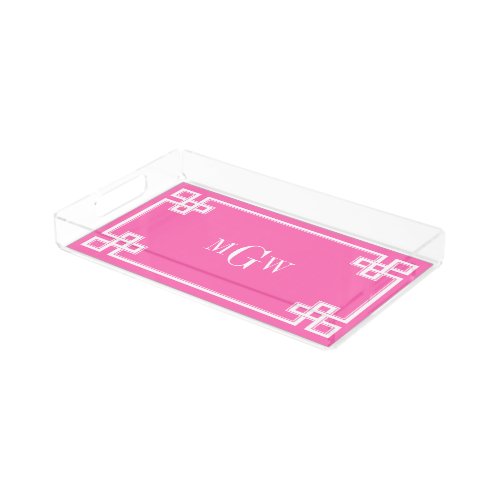 Hot Pink White Fancy Greek Key Frame 3I Monogram Acrylic Tray