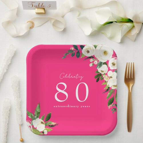 Hot Pink White Floral Birthday Paper Plates