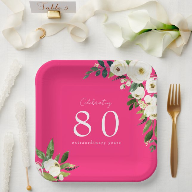 Hot Pink White Floral Birthday Paper Plates (Wedding)