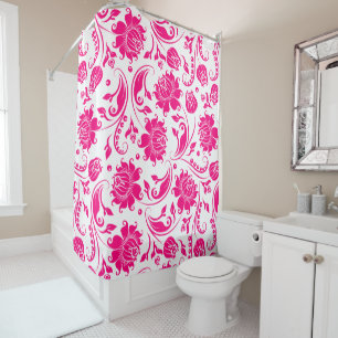 Hot pink & white floral damasks pattern shower curtain
