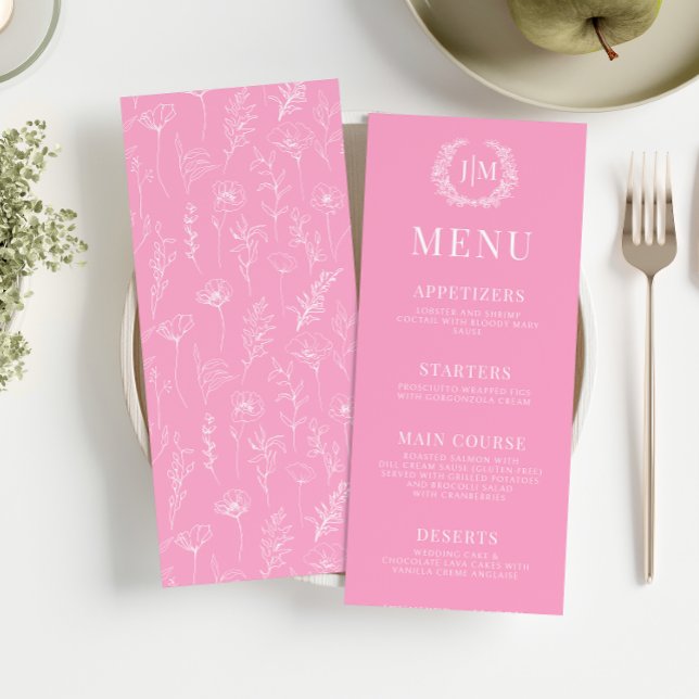 Hot pink white floral retro elegant wedding menu (Creator Uploaded)