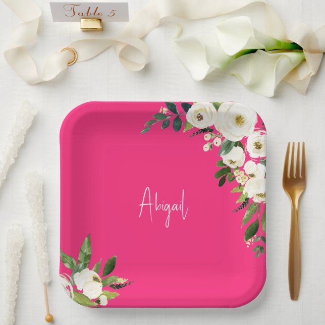 Hot Pink White Floral Script Name Birthday Paper Plates (Wedding)