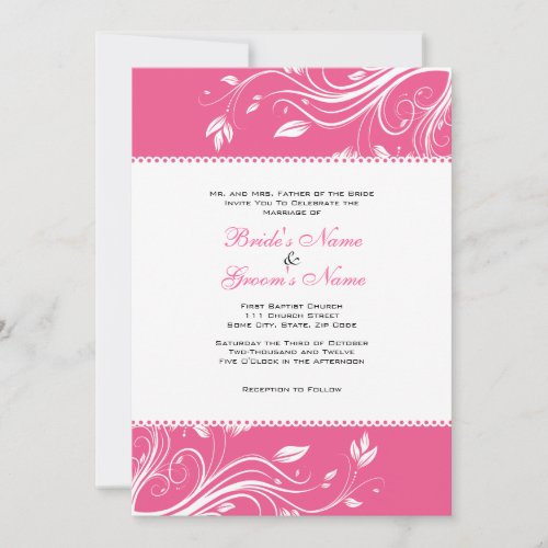 Hot Pink  White Floral Swirls Wedding Invitation