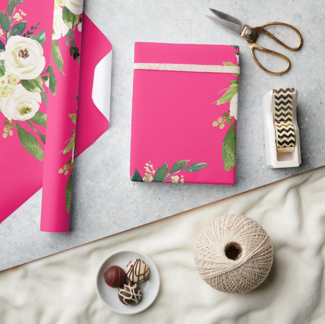 Hot Pink White floral  Wrapping Paper (Crafts)