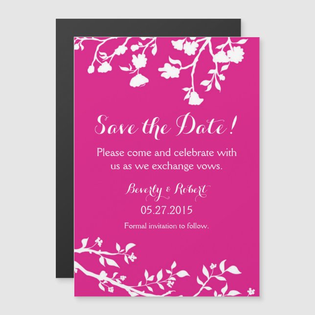 Hot Pink White Flower Save The Date Magnet (Front/Back)
