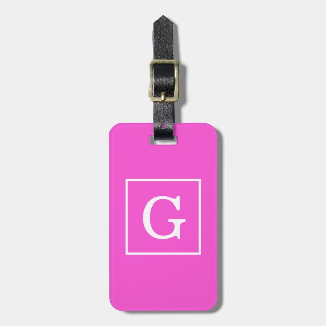 Hot Pink White Framed Initial Monogram Luggage Tag (Front Vertical)