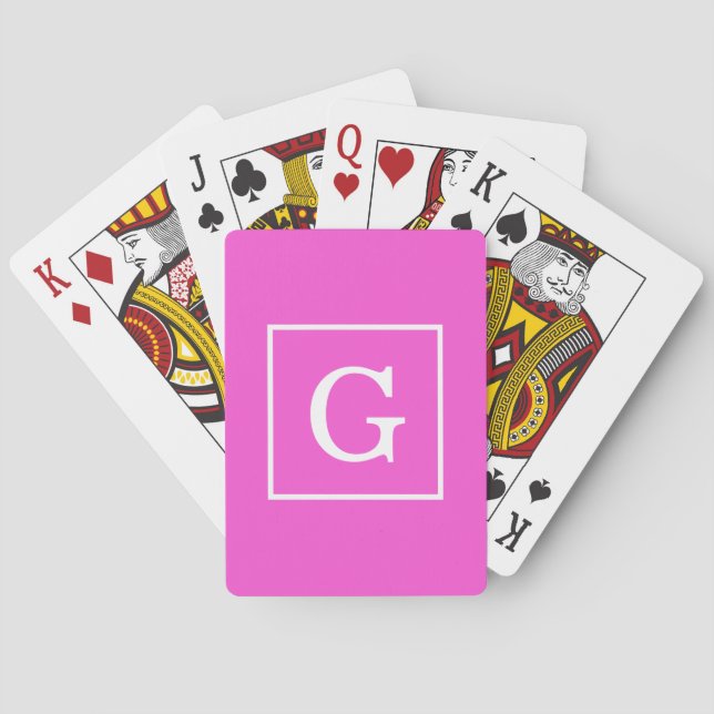 Hot Pink White Framed Initial Monogram Poker Cards (Back)