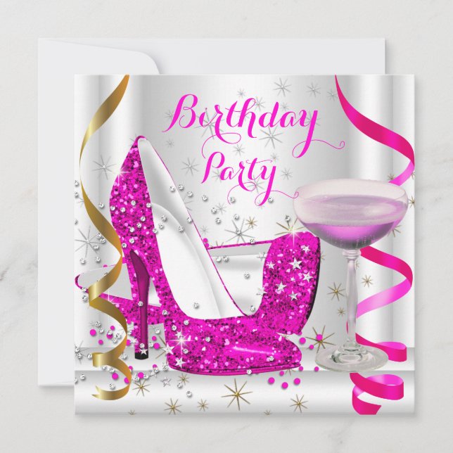 Hot Pink White Gold Glitter High Heel Pink Drink Invitation (Front)