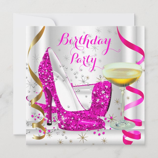 Hot Pink White Gold Glitter High Heels Champagne 4 Invitation (Front)