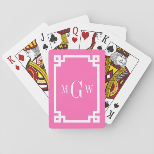 Hot Pink White Greek Key 2 Framed 3 Init Monogram Playing Cards