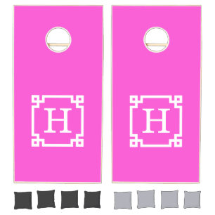Hot Pink White Greek Key Frame #2 Initial Monogram Cornhole Set