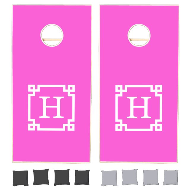Hot Pink White Greek Key Frame #2 Initial Monogram Cornhole Set (Set)