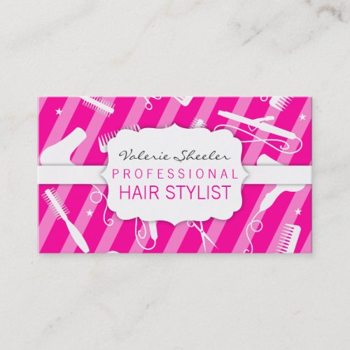 Hot Pink &amp; White Hair Salon Tools Business Card Templates