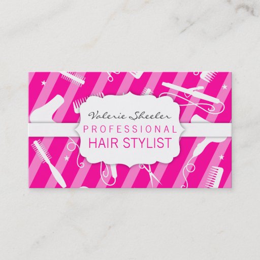 Customizable Hot Pink & White Hair Salon Tools Business Card Templates