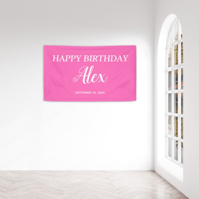 Hot Pink White Happy Birthday Name Date  Banner (Hot pink and white custom birthday party banner)