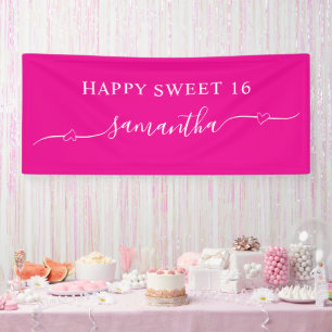 Hot Pink White Happy Sweet 16 Heart Swash Name Banner