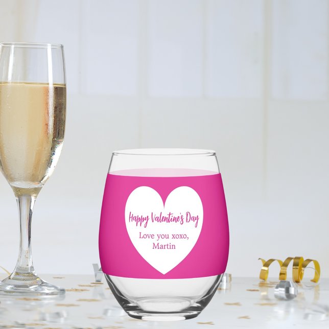 Hot pink white heart Valentine's Day Stemless Wine Glass (Creator Uploaded)