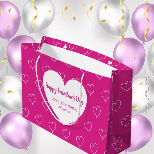 Hot pink white hearts Valentines Day Large Gift Bag