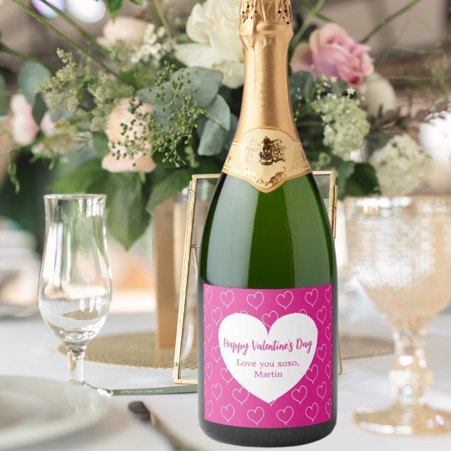 Hot pink white hearts Valentine's Day Sparkling Wine Label (Creator Uploaded)