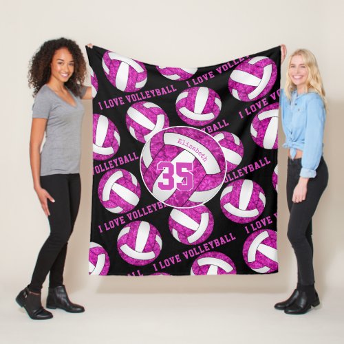 hot pink white I love volleyball pattern girly Fleece Blanket