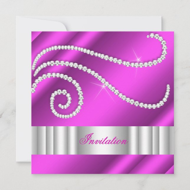Hot Pink White Jewel diamonds Silver Birthday Invitation (Front)
