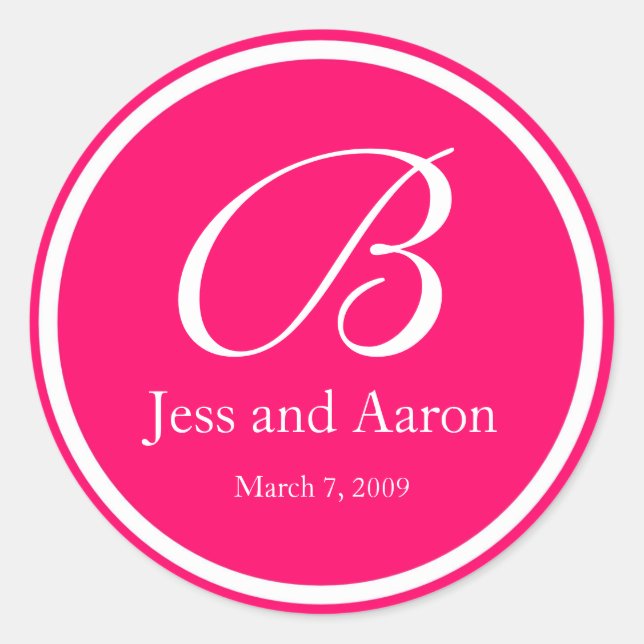 Hot Pink White Monogram Classic Round Sticker (Front)