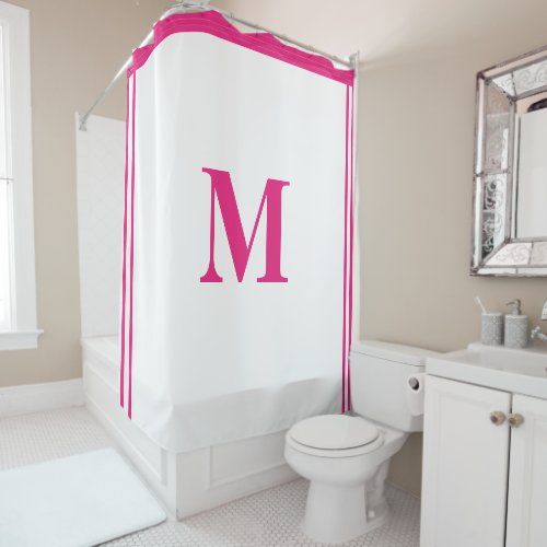 Hot Pink White Monogram Initial Custom Name Stripe Shower Curtain
