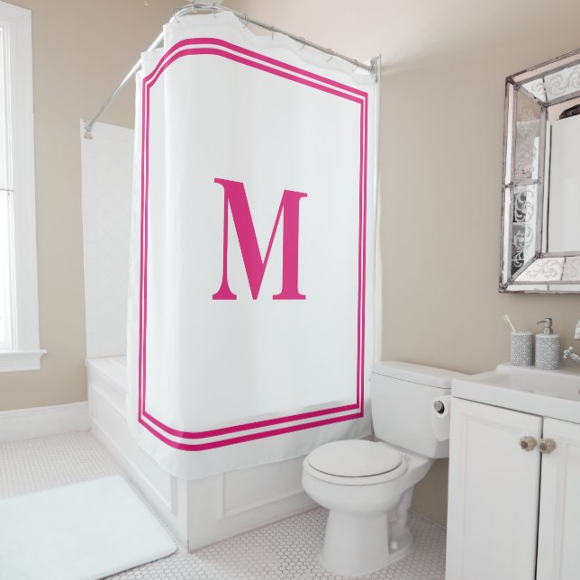 Hot Pink White Monogram Initial Stripe Custom Name Shower Curtain (In Situ)