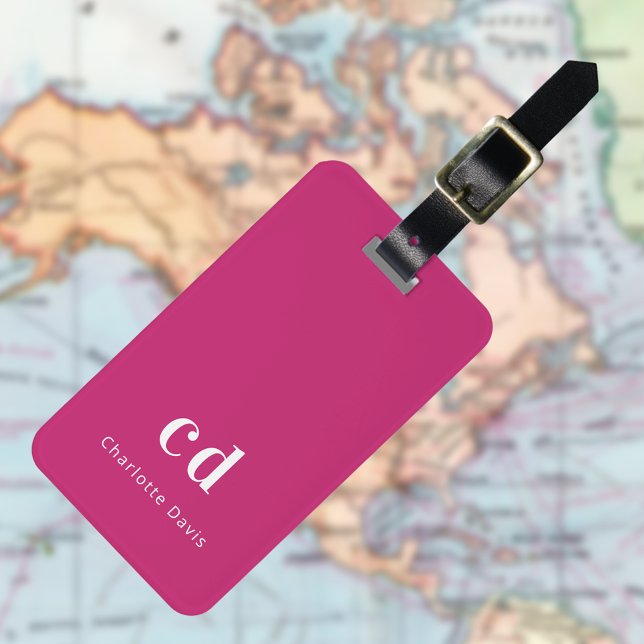 Hot pink white monogram initials luggage tag (Creator Uploaded)