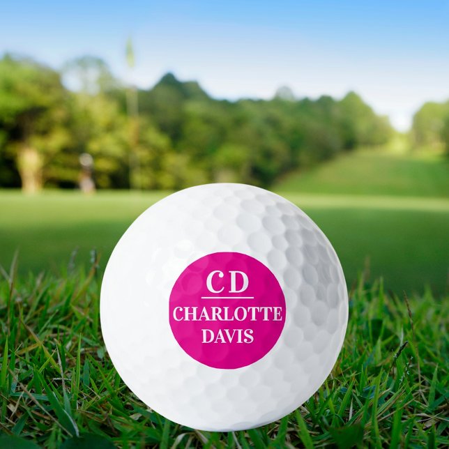 Hot pink white monogram name golf balls (Creator Uploaded)