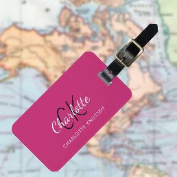 Hot pink white monogrammed luggage tag