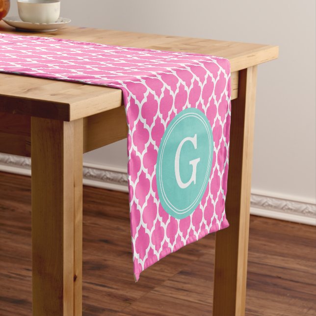 Hot Pink White Moroccan #4Sm Aqua Rnd Monogram Short Table Runner (In Situ)